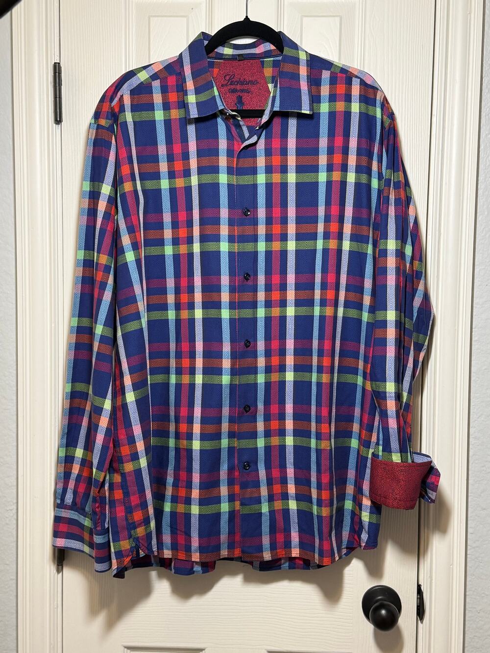 Luchiano Visconti Men XXL Plaid Flip Cuff Shirt Multicolor Bold Cotton